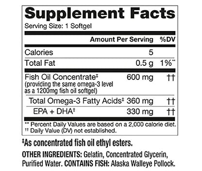 Walgreens Half-The-Size Fish Oil 1200 mg Softgels – 200 Count | Alaskan Wild-Caught