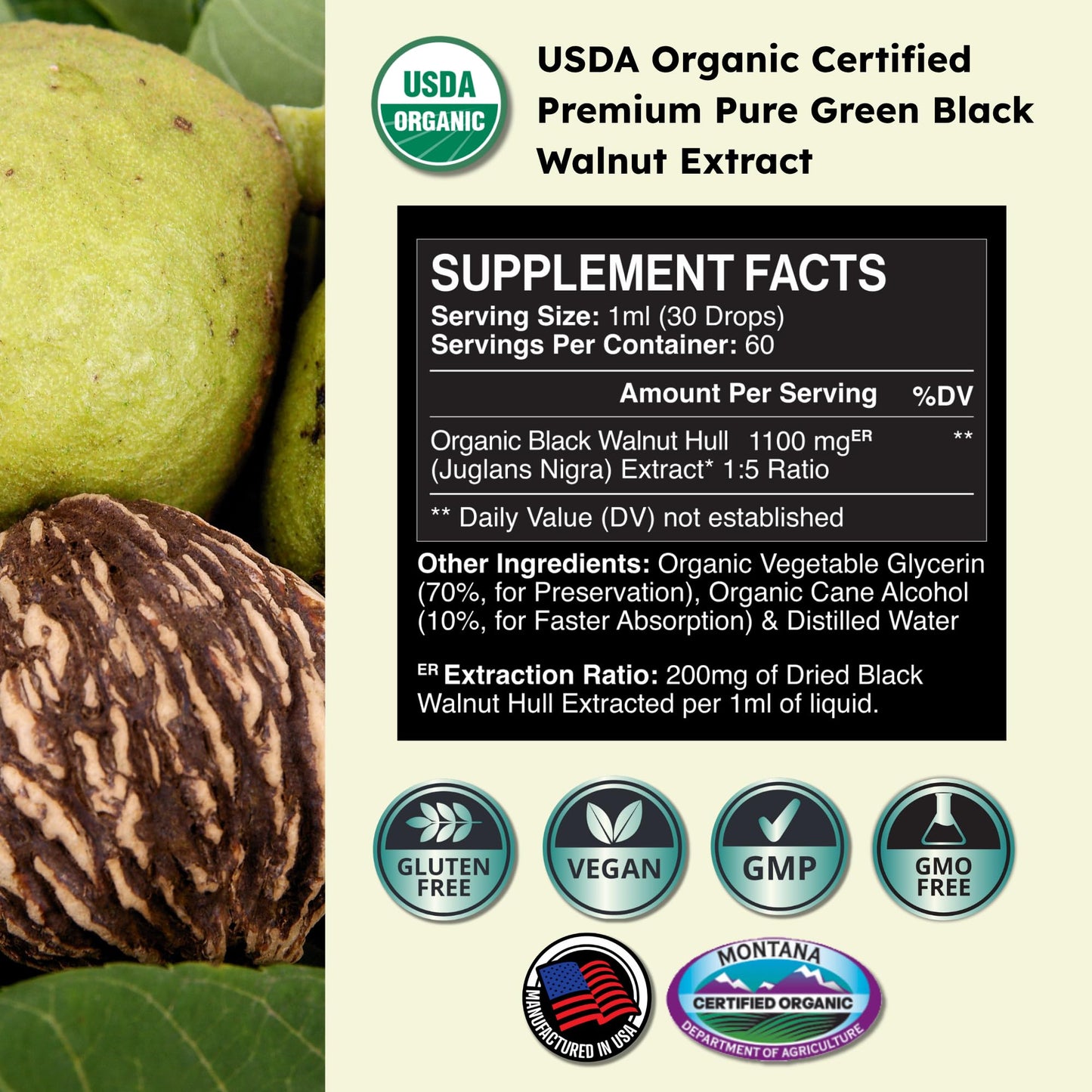 Zenmen Organic Green Black Walnut Hull Tincture – Highly Potent Formula, Antioxidants, 2.32 oz / 60 ml – Vegan – Made in USA