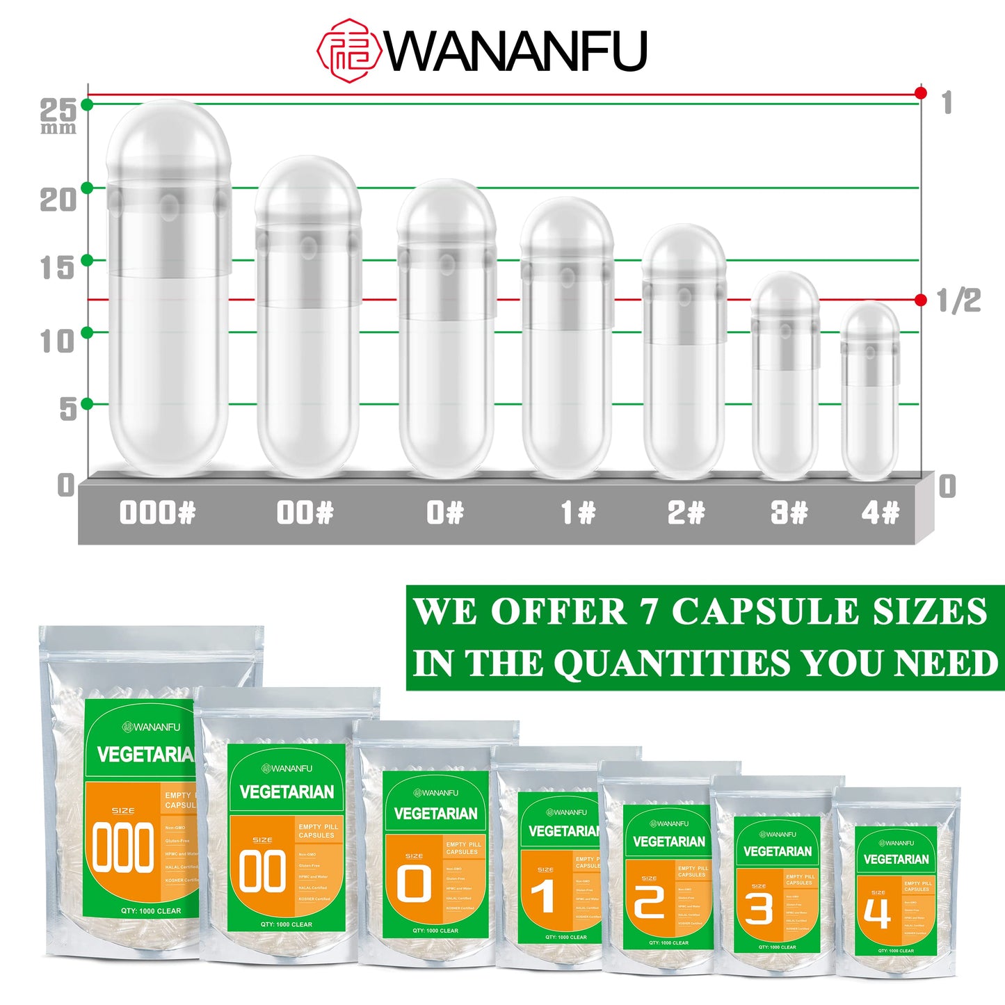 WANANFU Size 000 Vegetarian Capsules Bundle (100 Count) + Micro Lab Spoon