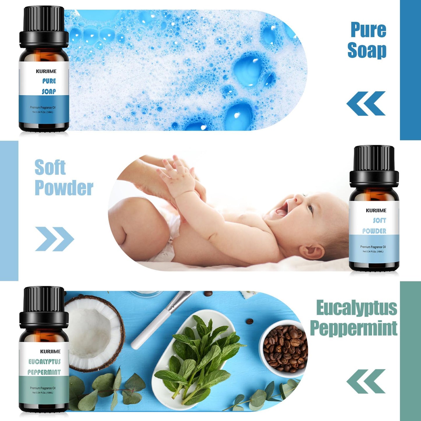 Essential Oils Set - Clean Scents for Diffuser & Aromatherapy (6x10ml): Fresh Linen, Eucalyptus Peppermint