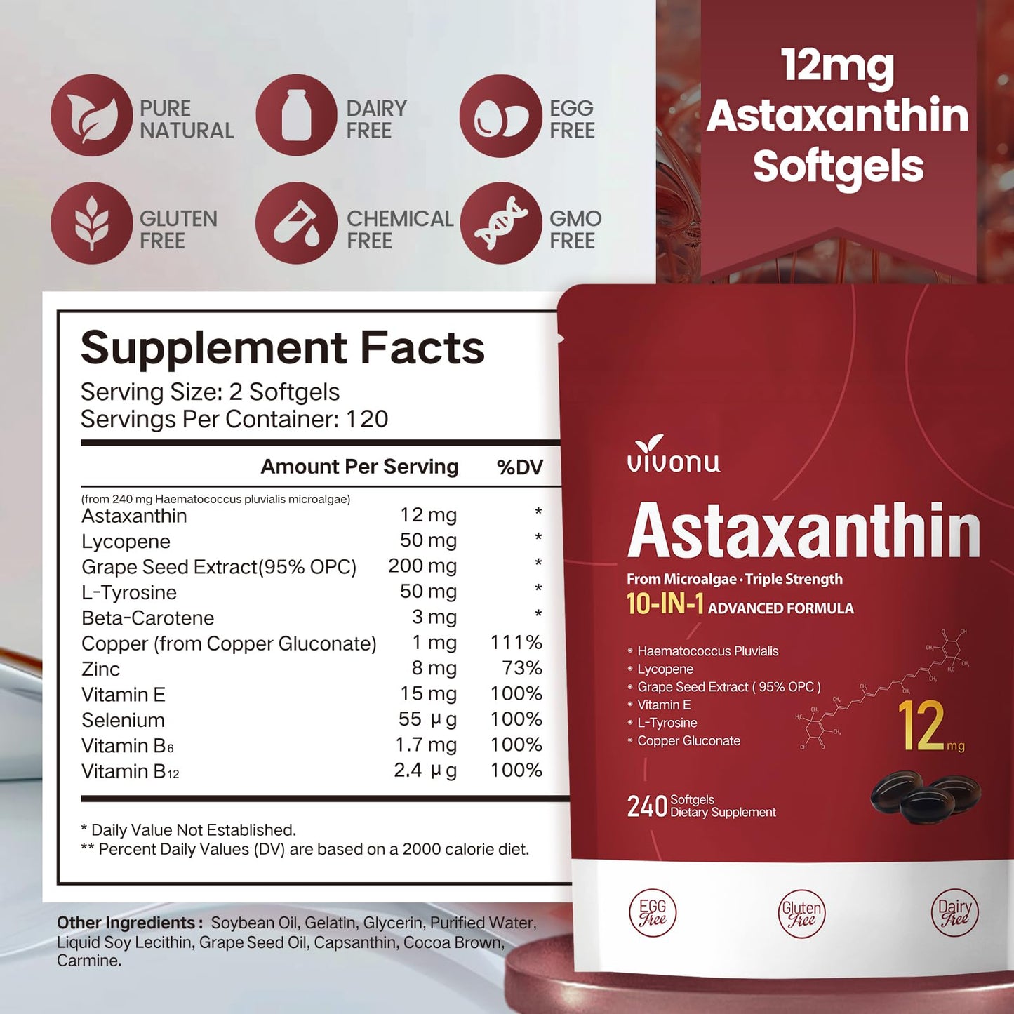 Astaxanthin 12mg – 4 Month Supply | 10-in-1 Antioxidant for Eye, Joints & Skin Health