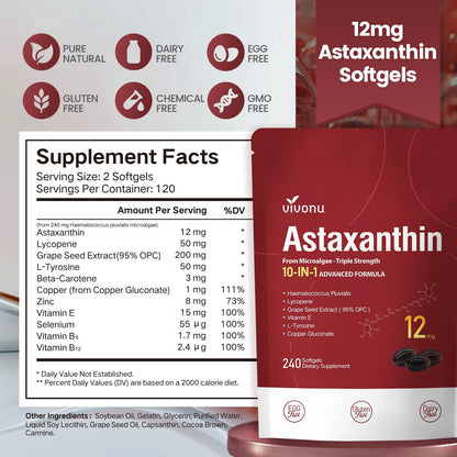Astaxanthin 12mg – 4 Month Supply | 10-in-1 Antioxidant for Eye, Joints & Skin Health