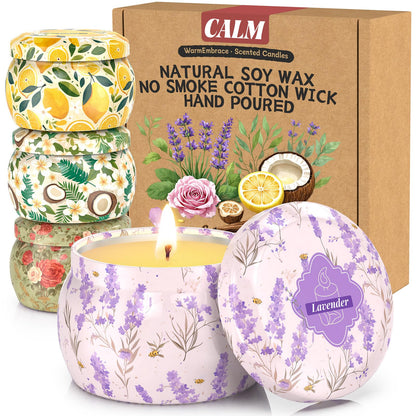 WarmEmbrace 4pc Scented Soy Candles Set – 4.4 oz Each | Lavender, Rose & Sandalwood, Vanilla Coconut, Lemon | Gift for Women