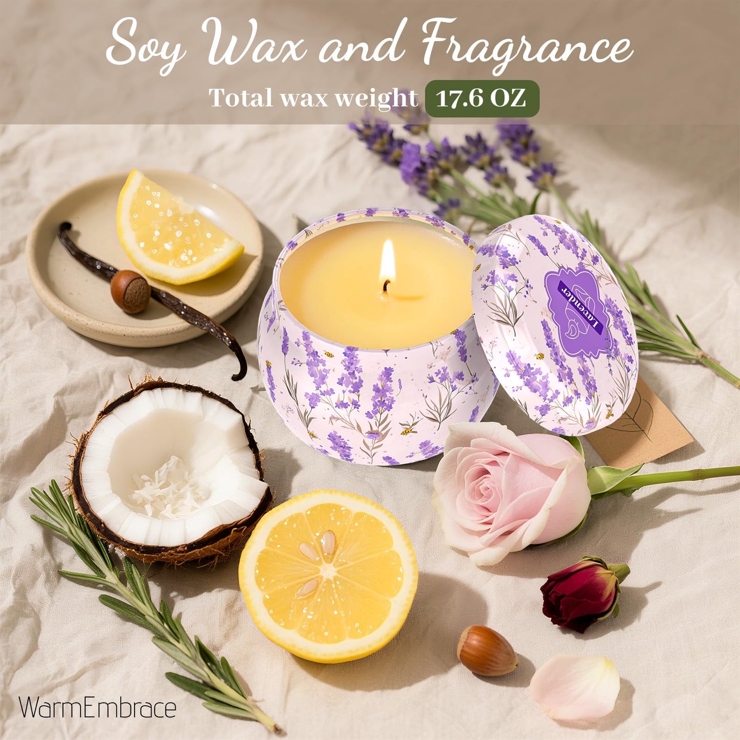 WarmEmbrace 4pc Scented Soy Candles Set – 4.4 oz Each | Lavender, Rose & Sandalwood, Vanilla Coconut, Lemon | Gift for Women