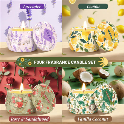 WarmEmbrace 4pc Scented Soy Candles Set – 4.4 oz Each | Lavender, Rose & Sandalwood, Vanilla Coconut, Lemon | Gift for Women