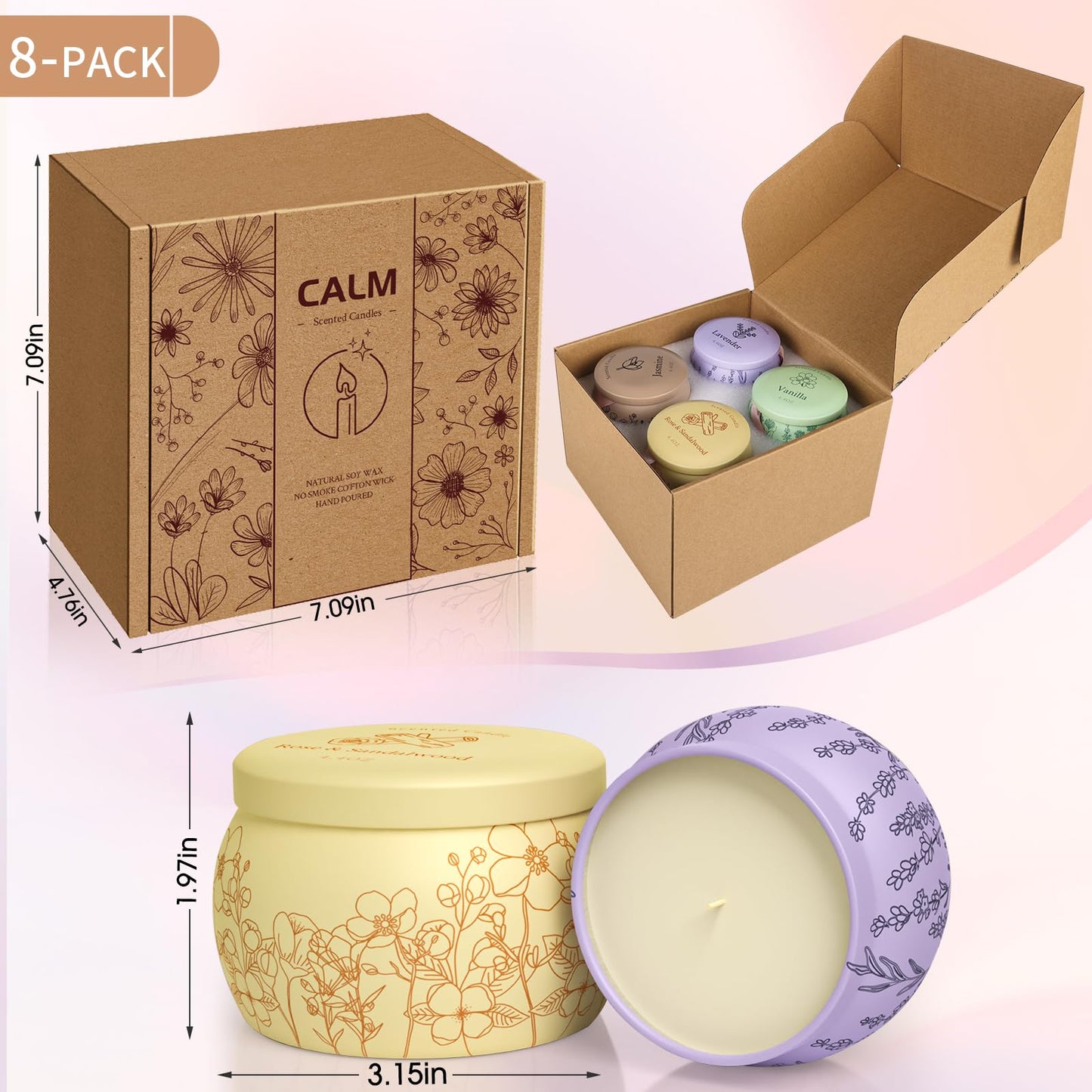 WarmEmbrace 8-Piece Scented Candle Set – Soy Wax, 200-240h Burn Time, Lavender, Vanilla, Rose & Sandalwood, Jasmine