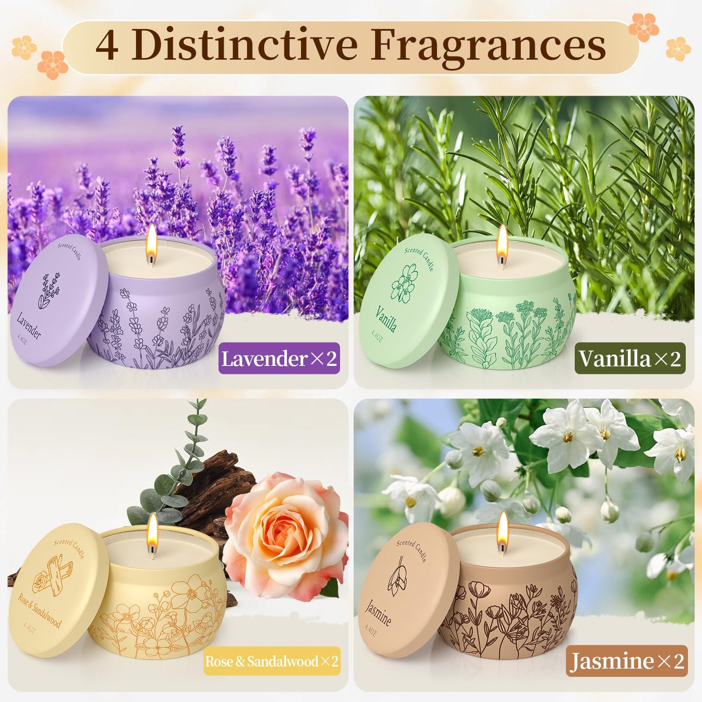 WarmEmbrace 8-Piece Scented Candle Set – Soy Wax, 200-240h Burn Time, Lavender, Vanilla, Rose & Sandalwood, Jasmine