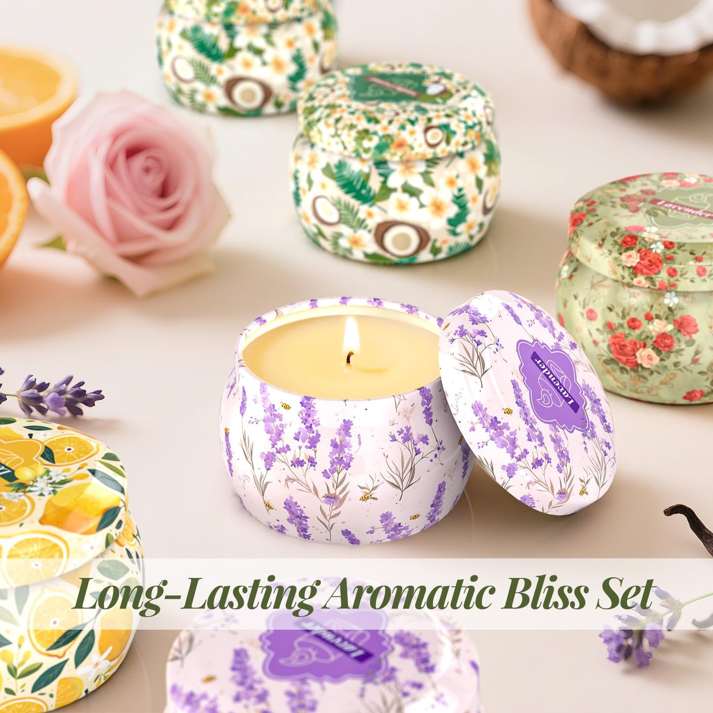 WarmEmbrace 4pc Scented Soy Candles Set – 4.4 oz Each | Lavender, Rose & Sandalwood, Vanilla Coconut, Lemon | Gift for Women