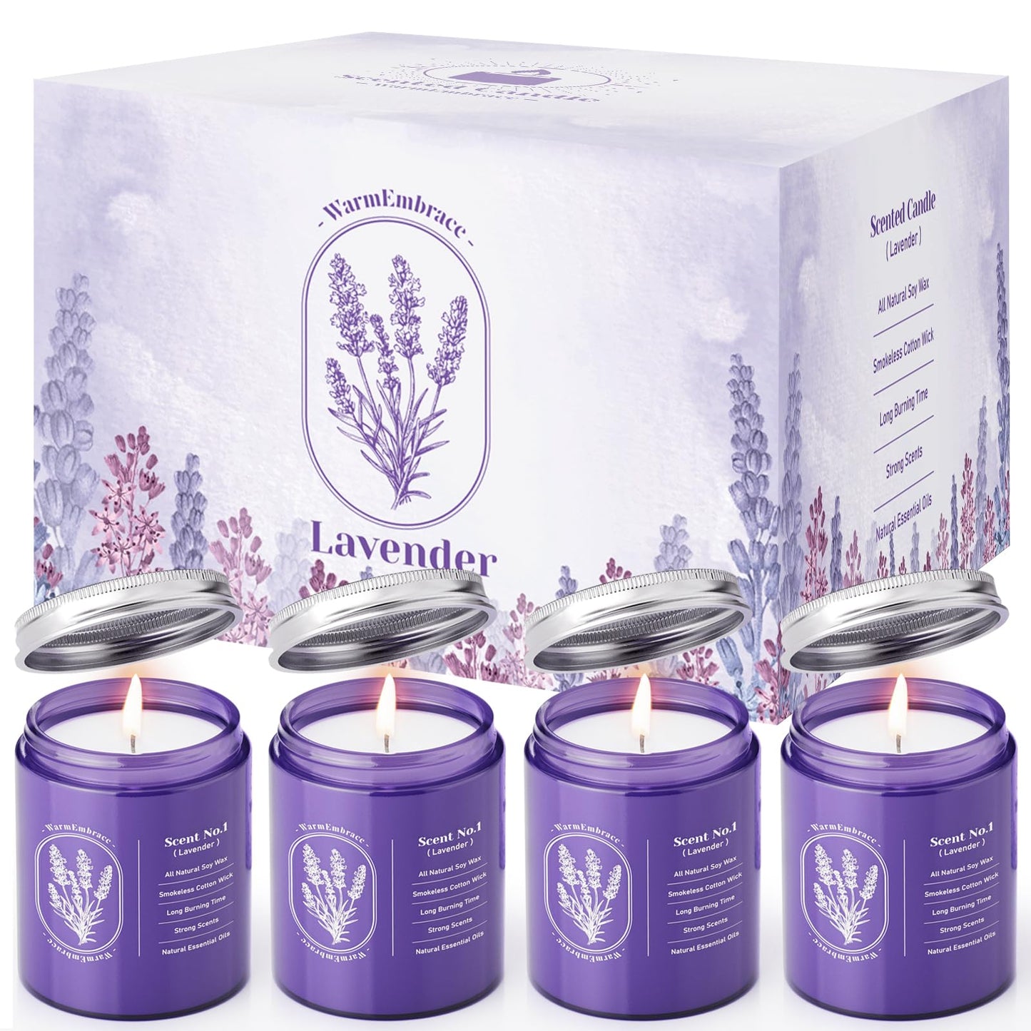 WarmEmbrace Lavender Candles - 4 Pack, 160-Hour Long-Lasting Purple Jars