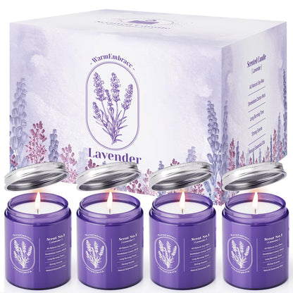 WarmEmbrace Lavender Candles - 4 Pack, 160-Hour Long-Lasting Purple Jars