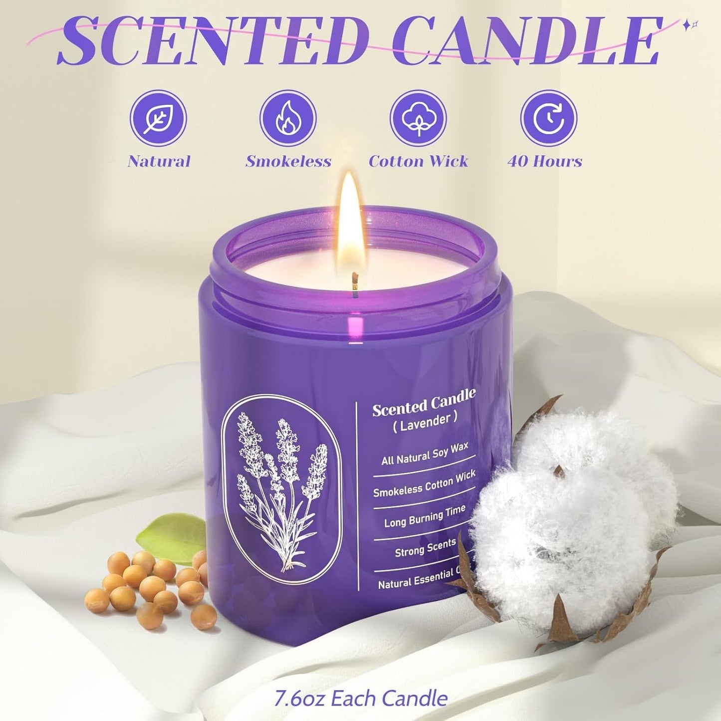WarmEmbrace Lavender Candles - 4 Pack, 160-Hour Long-Lasting Purple Jars
