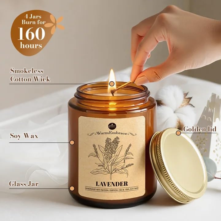 WarmEmbrace Lavender Candles – 4-Pack, Soy Wax, 7.6 oz Jars, 160h Burn Time