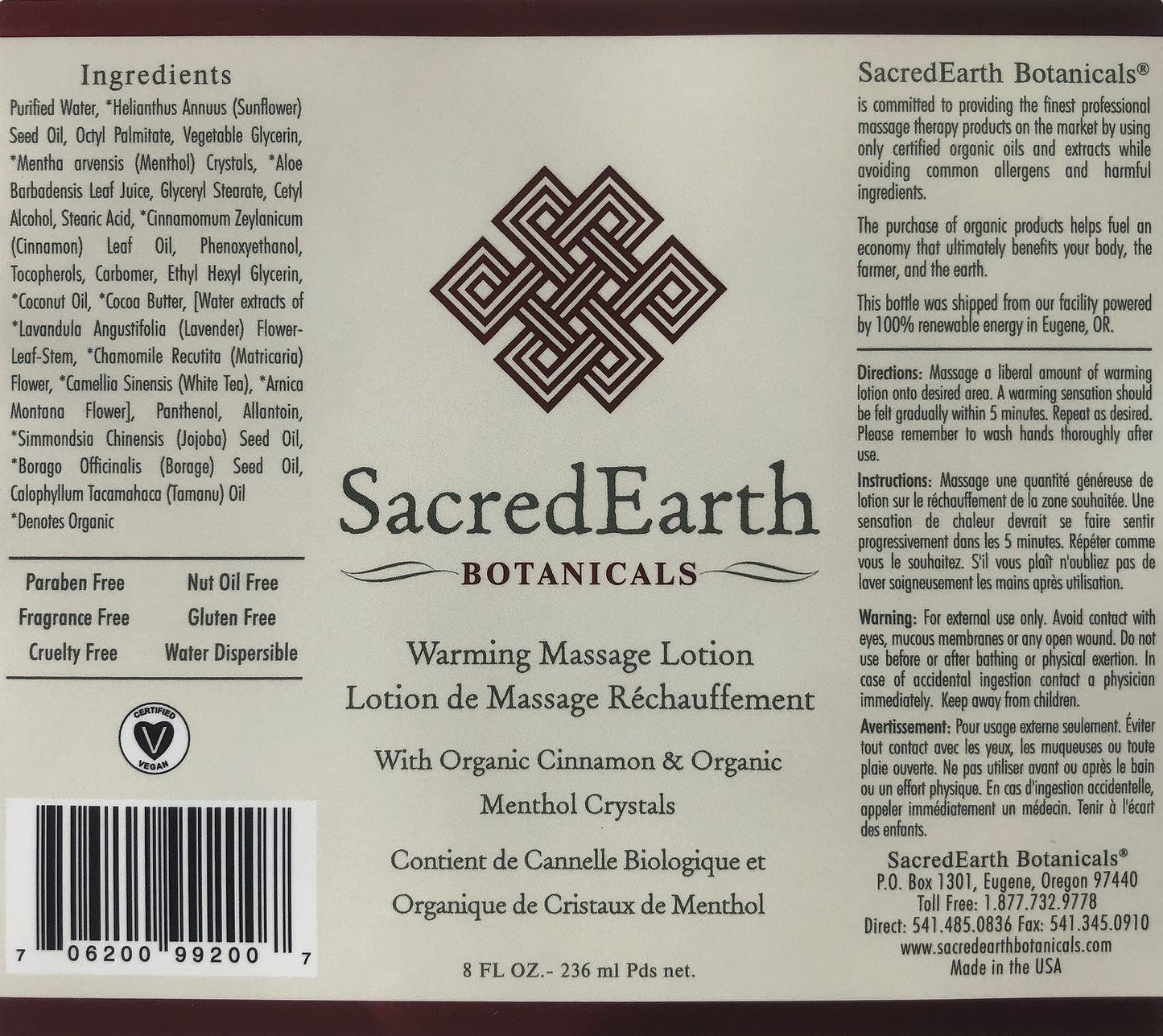 Warming Lotion (8oz Tube) – Organic Cinnamon & Menthol, Water Dispersible, Nut Oil Free | Sacred Earth Botanicals