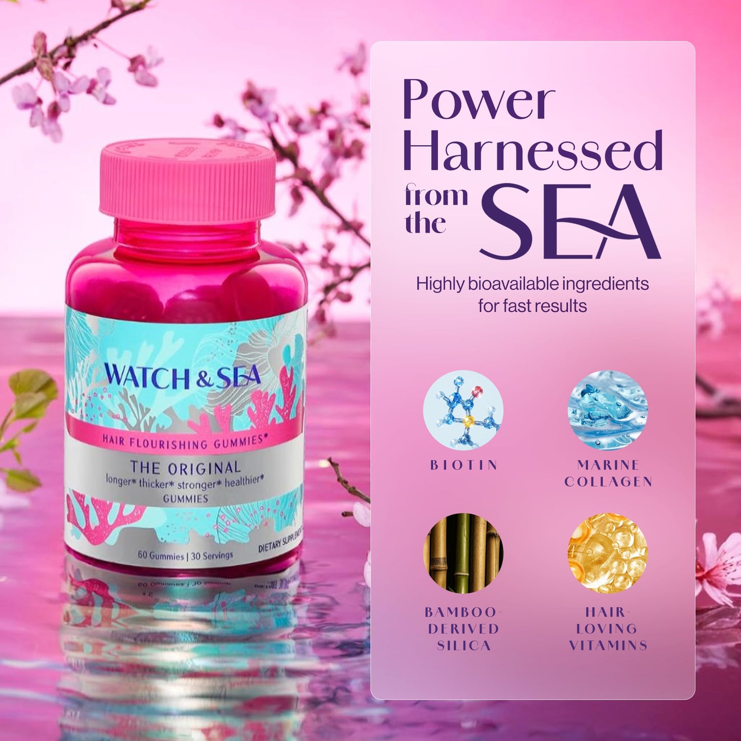 Watch & Sea Flourishing Hair Gummies – Biotin, Marine Collagen, Passion Fruit (60 Gummies)