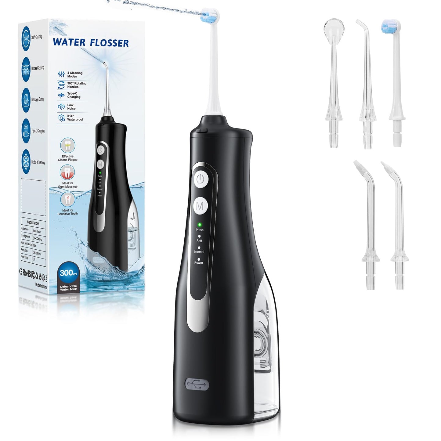 Water Dental Flosser 300ML Portable – 4 Modes Cordless Oral Irrigator | Rechargeable IPX7 Waterproof