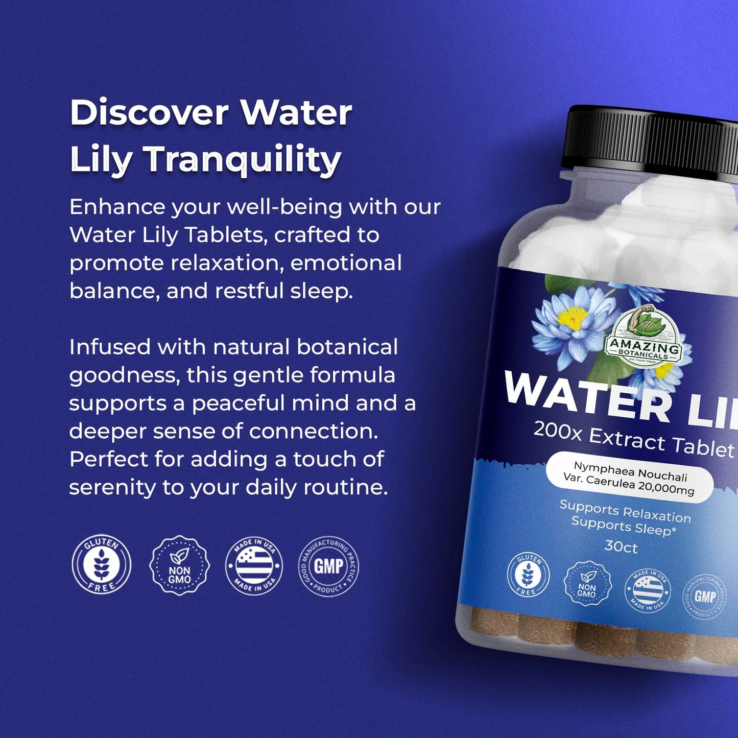 Water Lily 200X Extract Tablets 20,000mg | Relaxation & Sleep | Amazing Botanicals (30 Tablets)