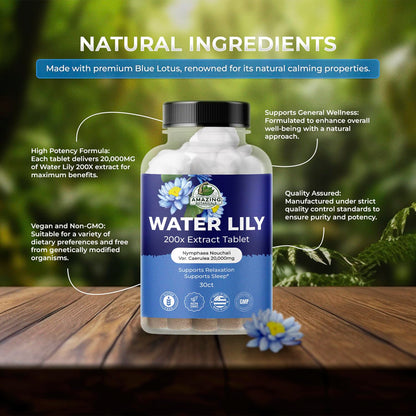 Water Lily 200X Extract Tablets 20,000mg | Relaxation & Sleep | Amazing Botanicals (30 Tablets)