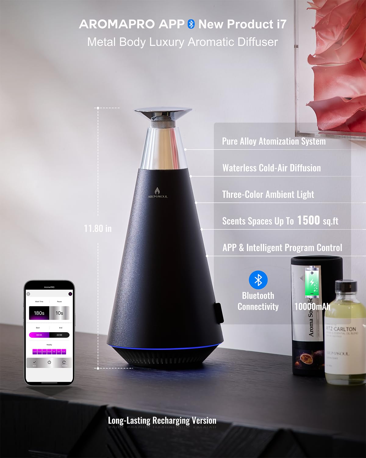Waterless Scent Diffuser Starter Kit - 1500 Sq Ft Coverage, Alloy Atomization, App Control, 120ml Oil, Black