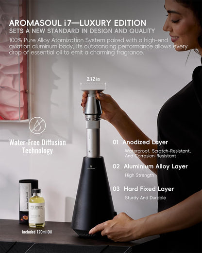 Waterless Scent Diffuser Starter Kit - 1500 Sq Ft Coverage, Alloy Atomization, App Control, 120ml Oil, Black