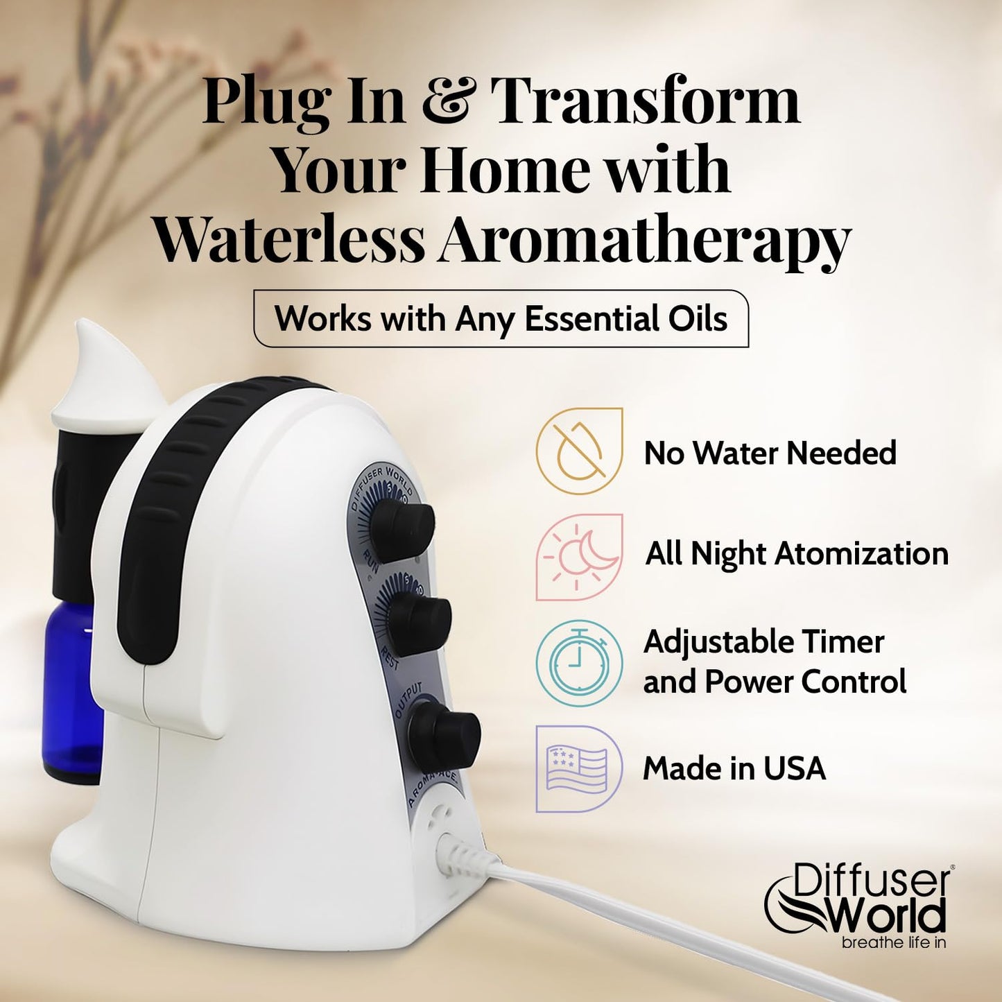 Waterless Diffuser for Essential Oils 110V, Black – Made in USA | Aroma Atomizer Diffuser for Home & Large Rooms