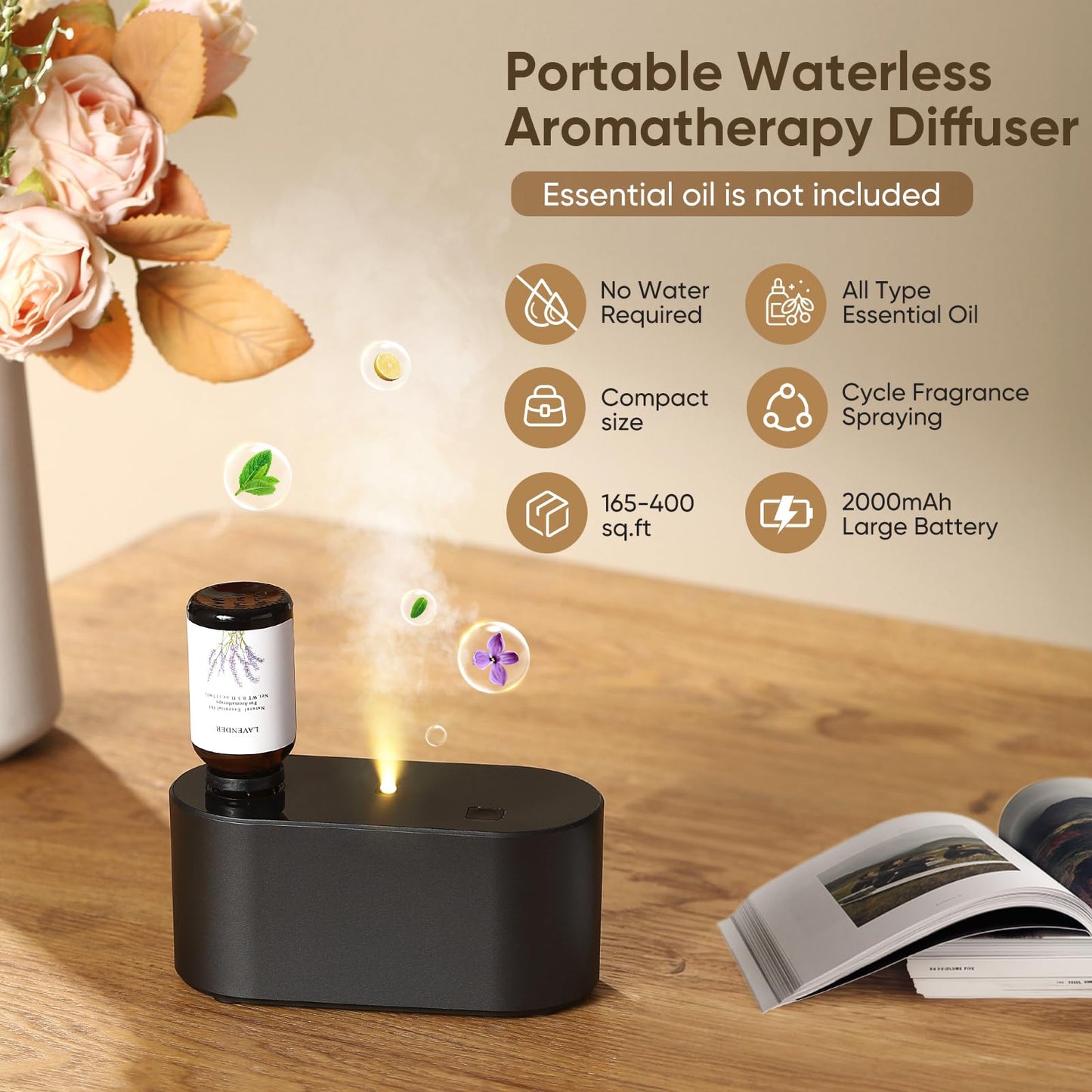 Waterless Diffuser for Home & Office – 3 Mist Modes, Portable Aromatherapy Diffuser (350-700 sq ft), Black