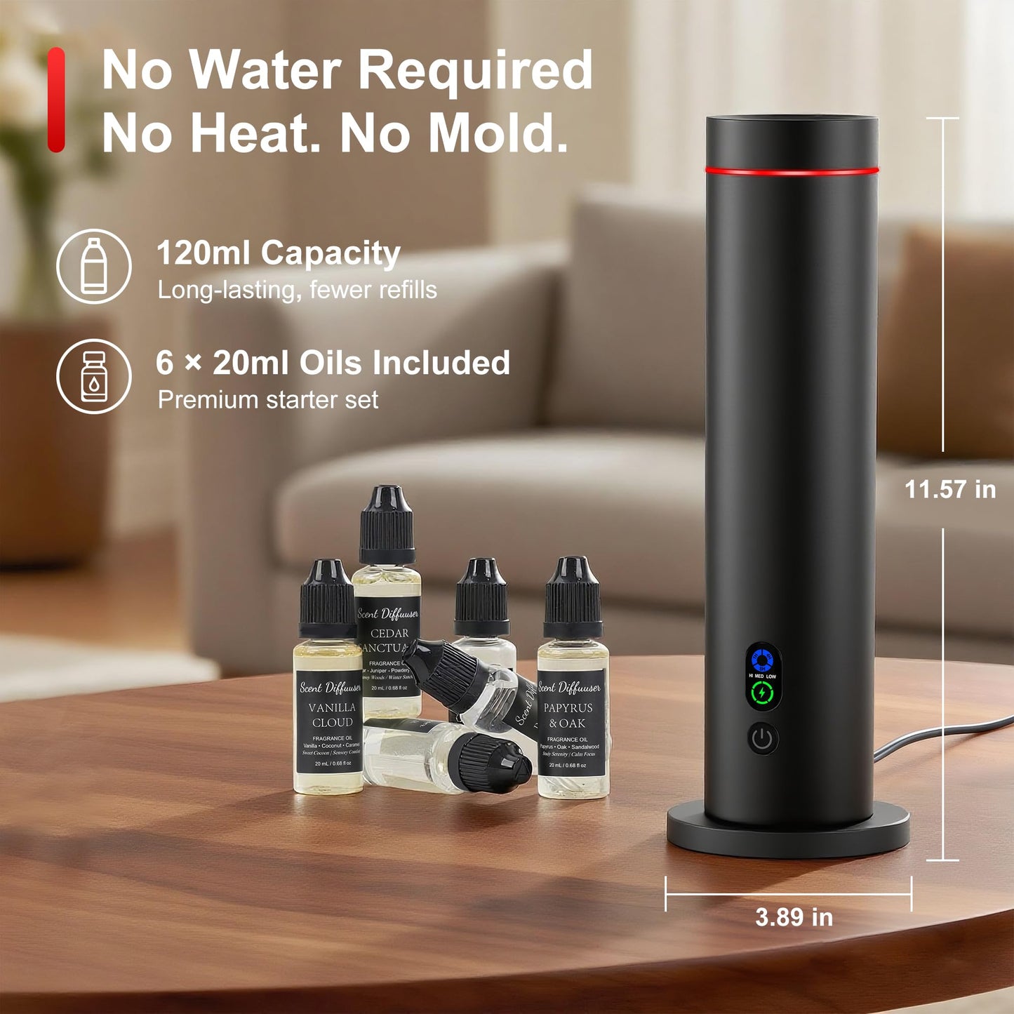 Waterless Diffuser – 1000 Sq Ft Coverage, Remote, Tilt-Safe, Mood Lights (Black)