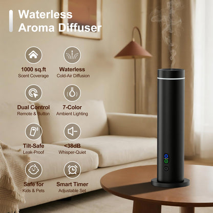 Waterless Diffuser – 1000 Sq Ft Coverage, Remote, Tilt-Safe, Mood Lights (Black)