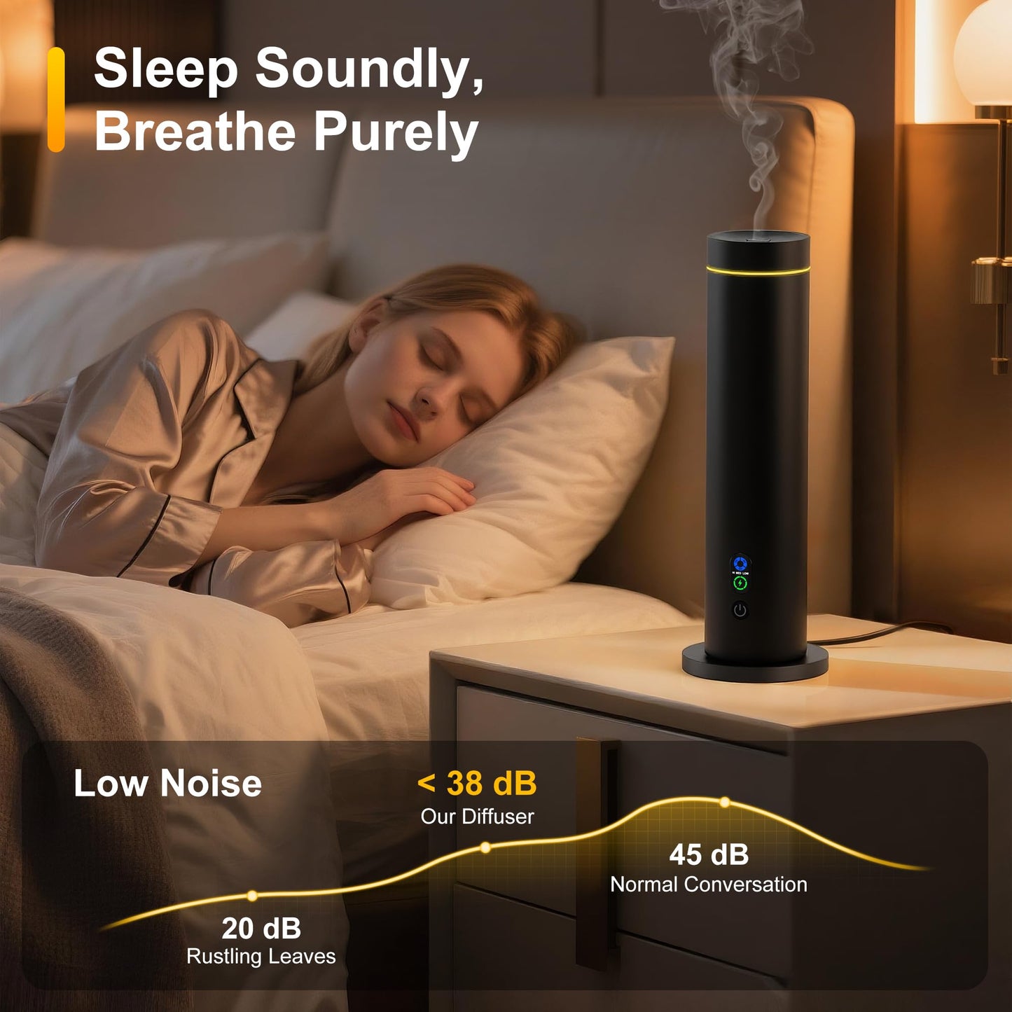 Waterless Diffuser – 1000 Sq Ft Coverage, Remote, Tilt-Safe, Mood Lights (Black)