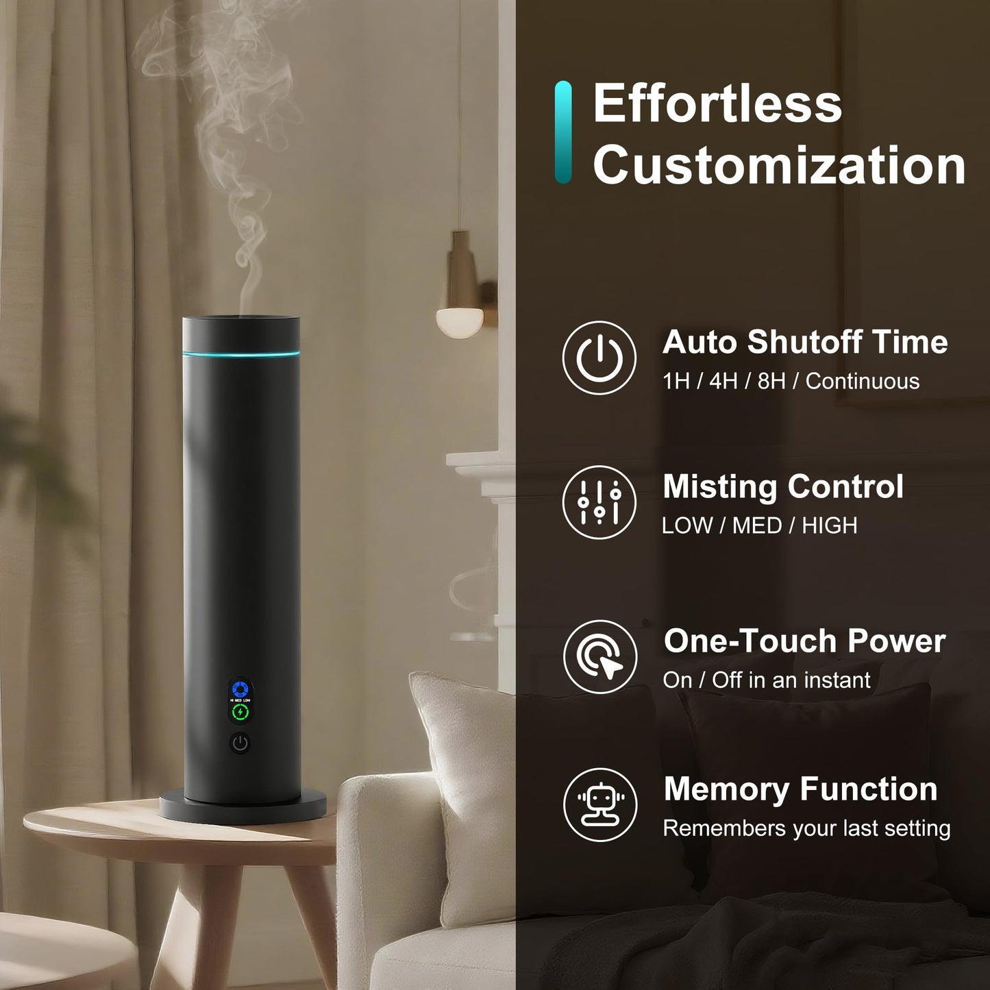Waterless Diffuser – 1000 Sq Ft Coverage, Remote, Tilt-Safe, Mood Lights (Black)