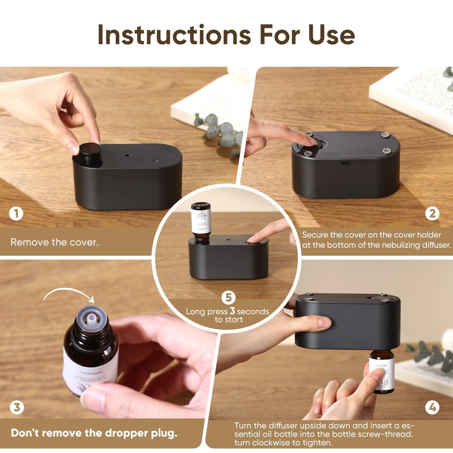 Waterless Diffuser for Home & Office – 3 Mist Modes, Portable Aromatherapy Diffuser (350-700 sq ft), Black