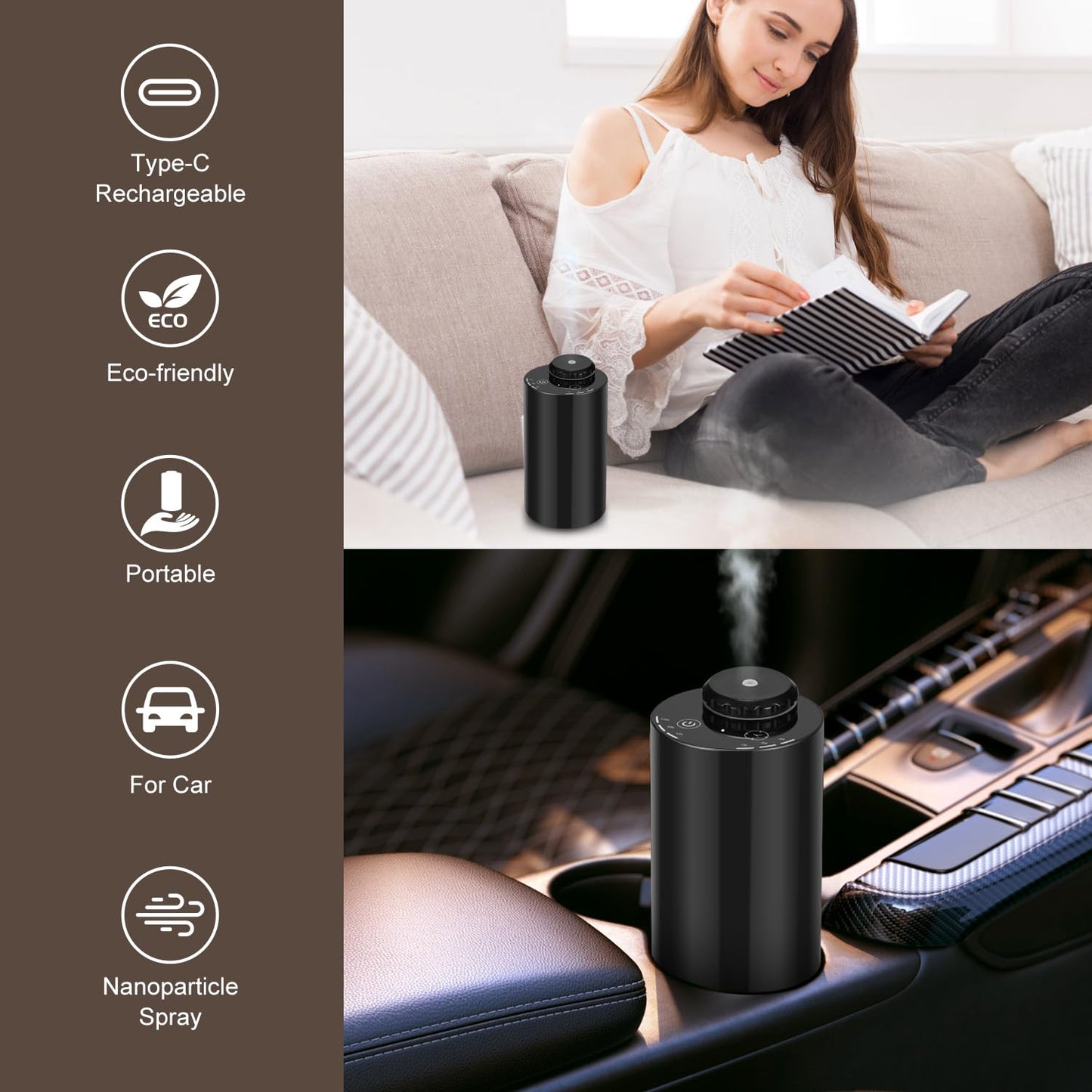 Waterless Diffuser for Essential Oils Nebulizer – 7-Color LED, Battery Powered Mini Diffuser (Black)