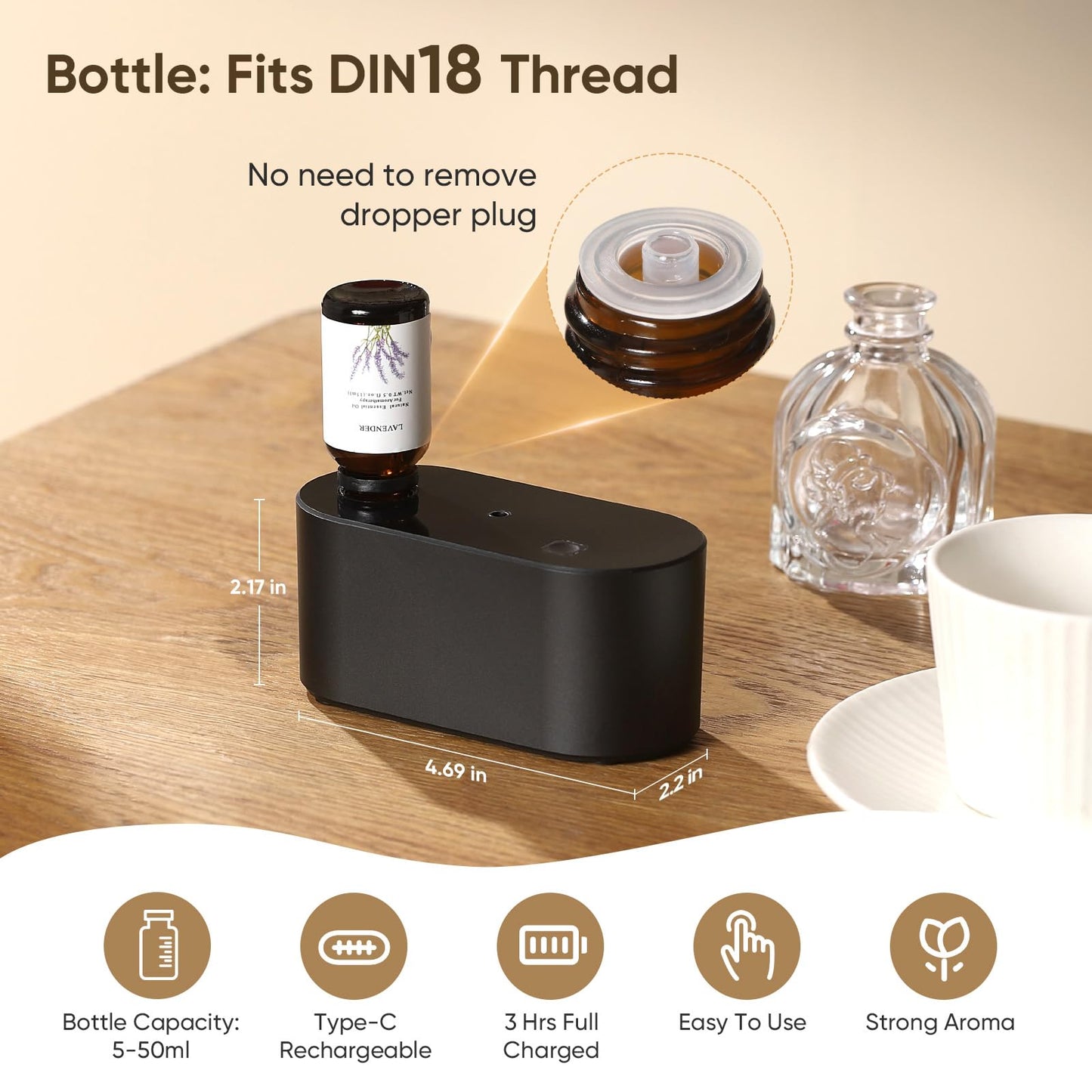 Waterless Diffuser for Home & Office – 3 Mist Modes, Portable Aromatherapy Diffuser (350-700 sq ft), Black