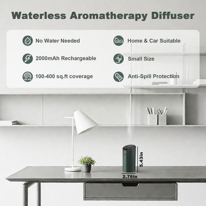 Waterless Essential Oil Diffuser with 4 Timer (1/3/6H & Off) & 3 Mist Levels | Rechargeable Portable Dark Green Aroma Diffuser