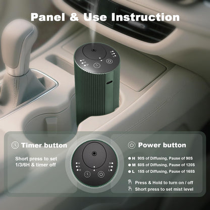 Waterless Essential Oil Diffuser with 4 Timer (1/3/6H & Off) & 3 Mist Levels | Rechargeable Portable Dark Green Aroma Diffuser