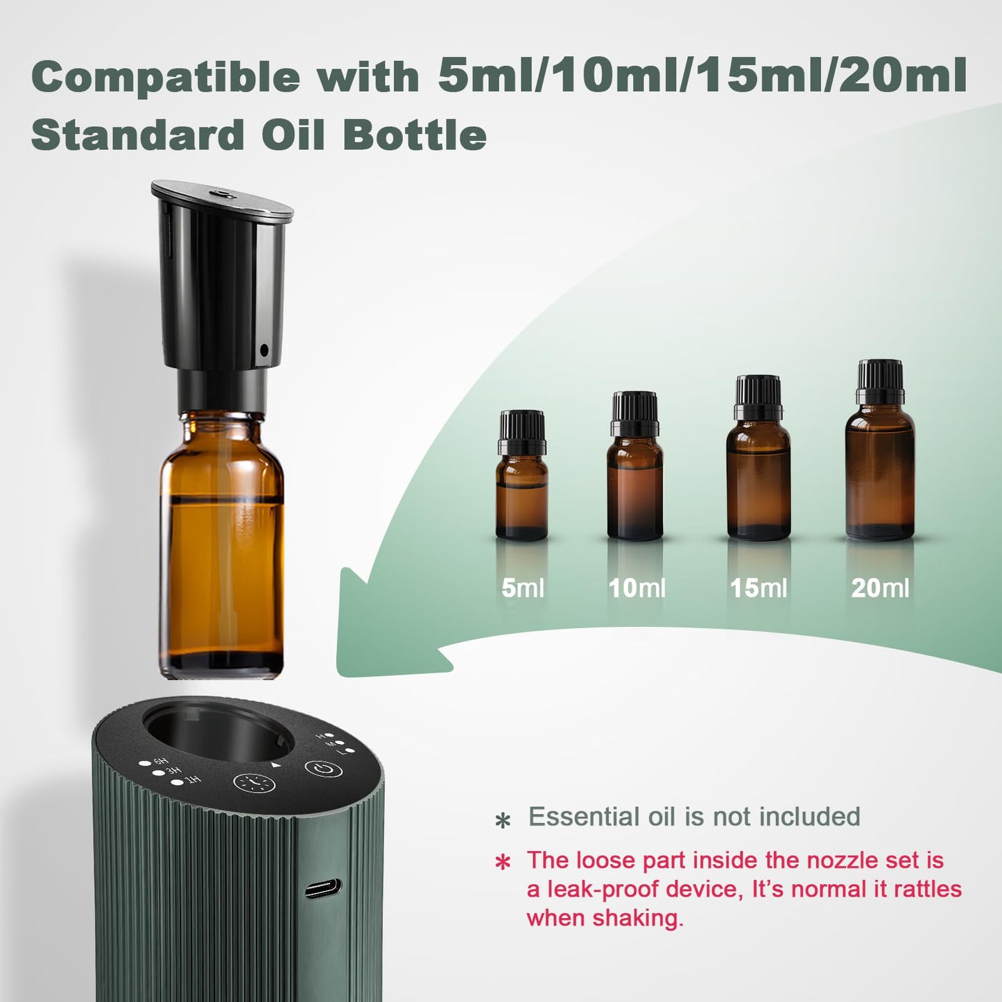 Waterless Essential Oil Diffuser with 4 Timer (1/3/6H & Off) & 3 Mist Levels | Rechargeable Portable Dark Green Aroma Diffuser