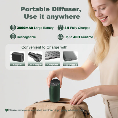 Waterless Essential Oil Diffuser with 4 Timer (1/3/6H & Off) & 3 Mist Levels | Rechargeable Portable Dark Green Aroma Diffuser
