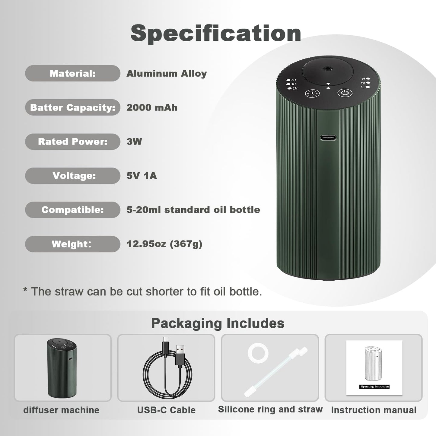 Waterless Essential Oil Diffuser with 4 Timer (1/3/6H & Off) & 3 Mist Levels | Rechargeable Portable Dark Green Aroma Diffuser
