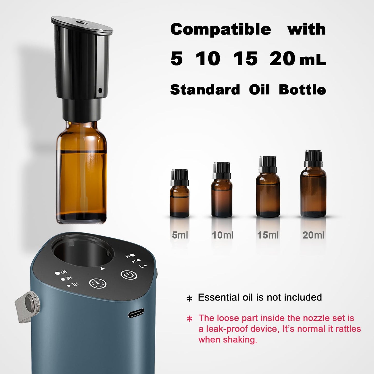 Waterless Essential Oil Diffuser for Car & Home - 4 Timers, 3 Mist Modes, Battery Operated, Greyblue
