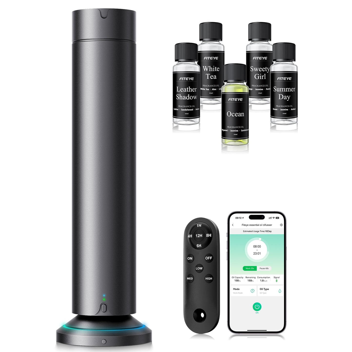 Waterless Scent Diffuser Kit – 5x20ml Essential Oils, App & Remote, 1500 Sq Ft