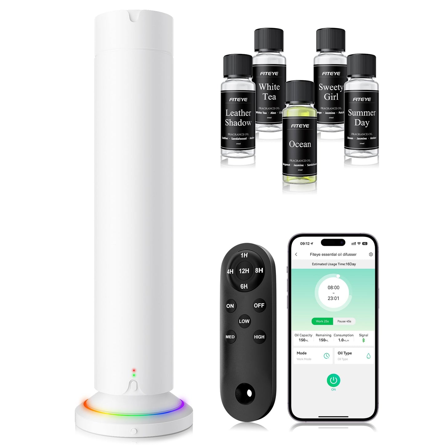 Waterless Scent Diffuser Kit – 5x20ml Essential Oils, App & Remote, Quiet Operation, Pet & Kid Friendly, Up to 1500 Sq Ft, White