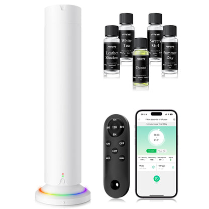 Waterless Scent Diffuser Kit – 5x20ml Essential Oils, App & Remote, Quiet Operation, Pet & Kid Friendly, Up to 1500 Sq Ft, White