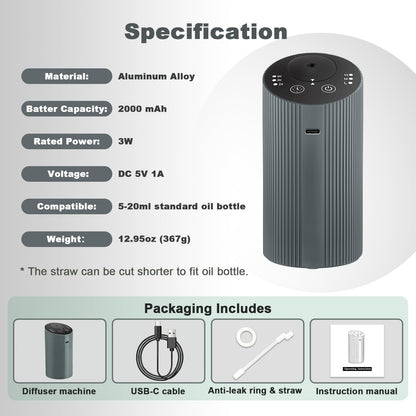 Waterless Essential Oil Diffuser – Portable Rechargeable Aroma Diffuser (4 Timers, 3 Mist Levels) Silver Grey