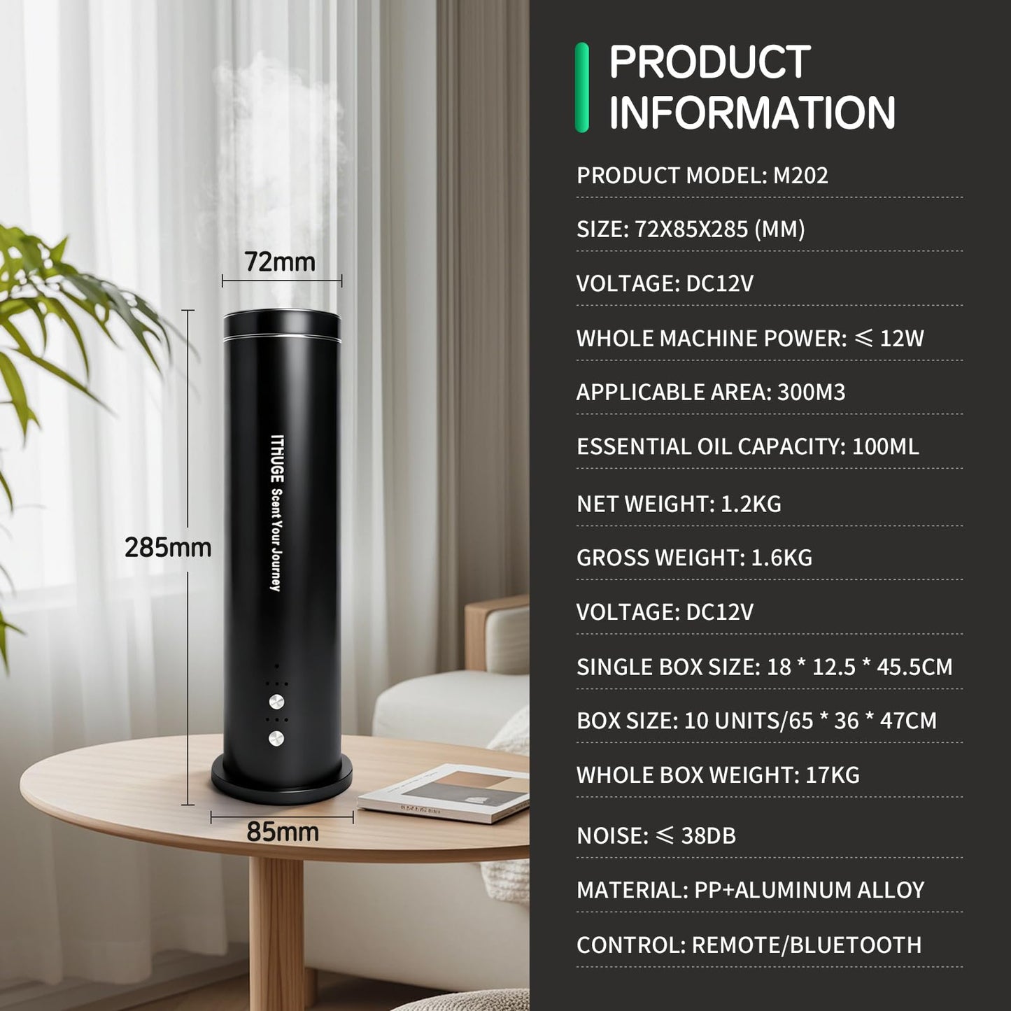 Waterless Essential Oil Diffuser for Large Room – Up to 1200 Sq Ft Coverage, Bluetooth App & Remote (M202B)