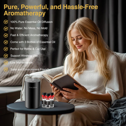 Waterless Essential Oil Diffuser Starter Kit - 2 Pack, Battery Operated, No Water Needed, 3x20ml Oils, Matte Black