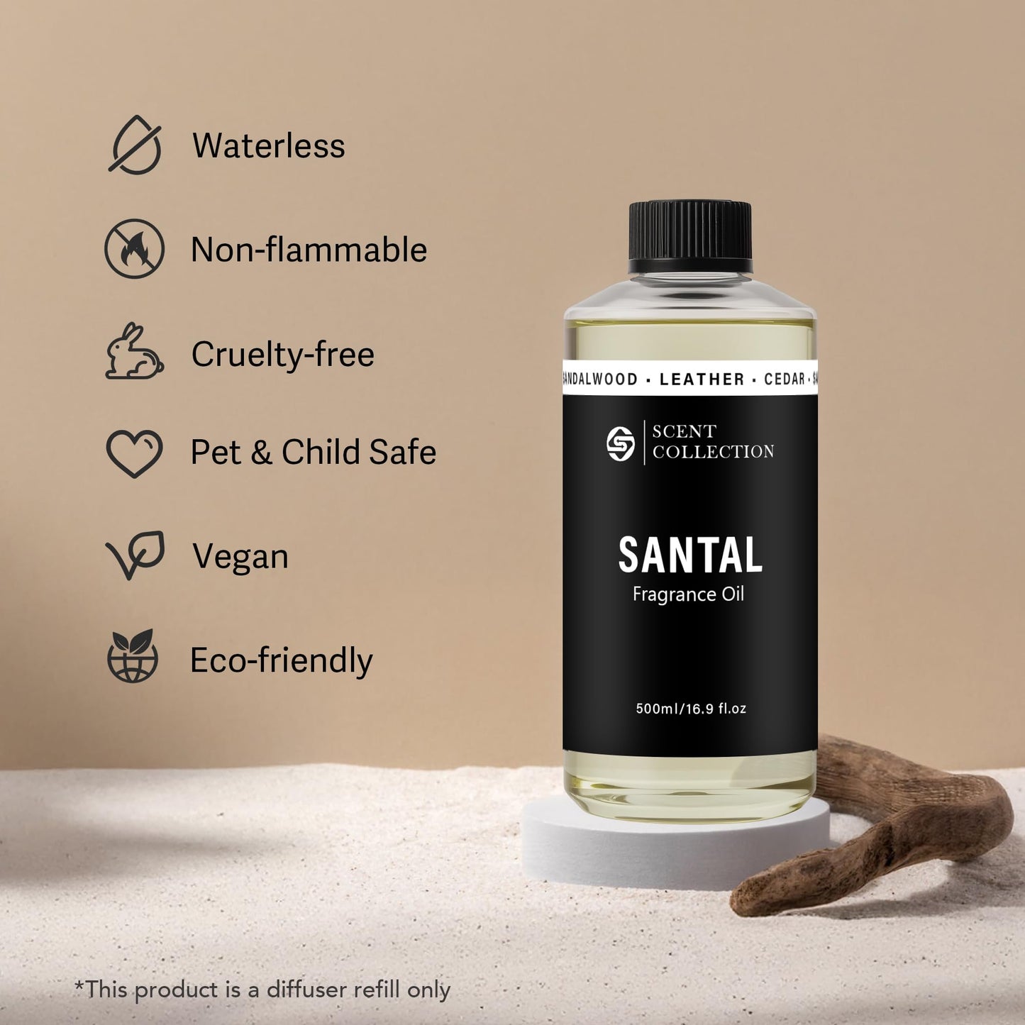 Luxury Hotel Santal Diffuser Oil – Waterless, Non-Toxic 500ml/16.9oz Refill for Large Rooms | Car & Home Aromatherapy