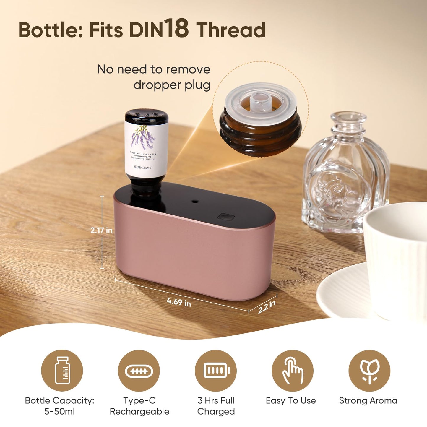 Waterless Diffuser for Home Essential Oils — Rose Gold, 3 Mist Modes, Portable Aromatherapy (160-350 sq ft)