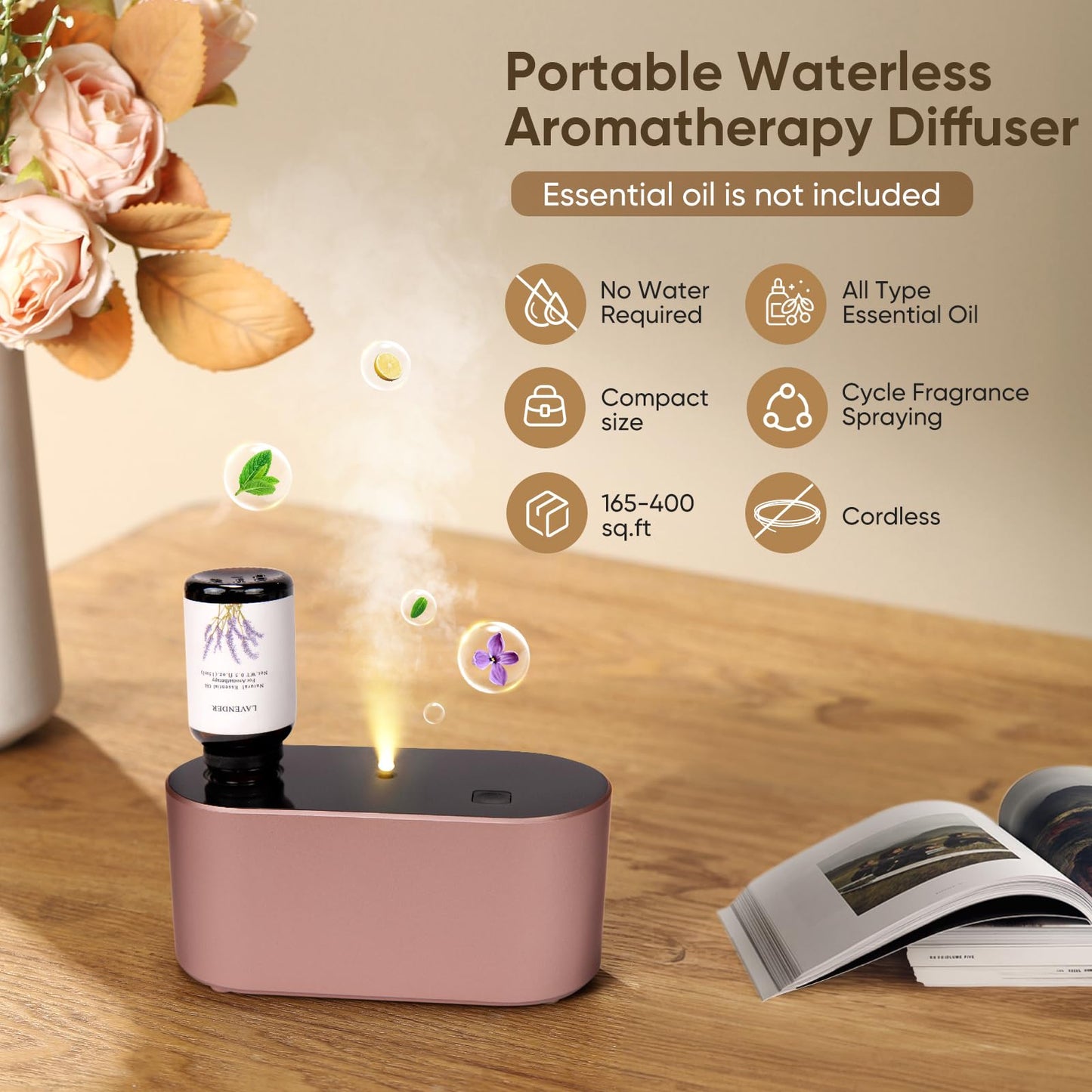 Waterless Diffuser for Home Essential Oils — Rose Gold, 3 Mist Modes, Portable Aromatherapy (160-350 sq ft)