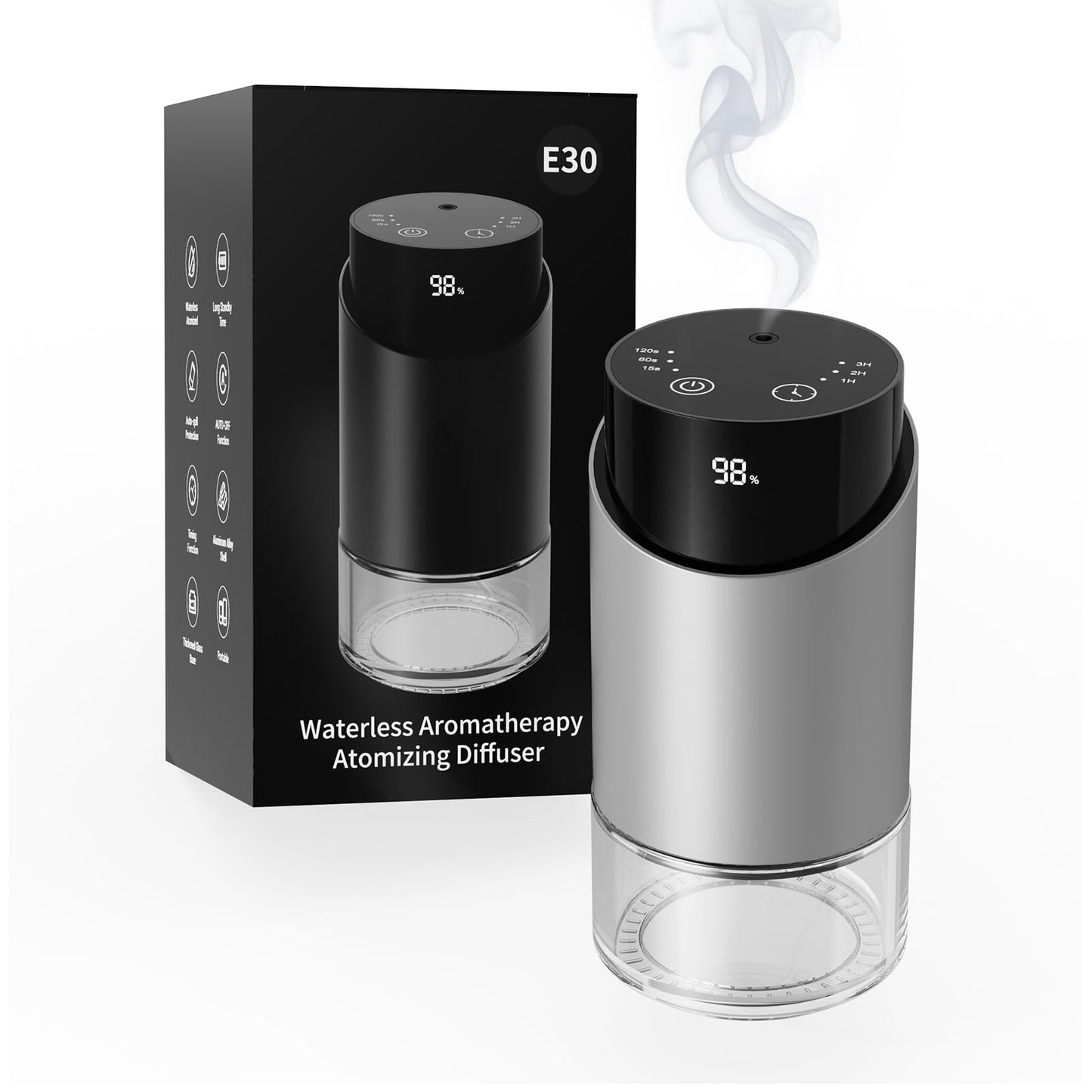 Waterless Essential Oil Diffuser – Silver, 100ml, 4 Timers, 3 Mist Levels, Cordless Car & Home Aromatherapy