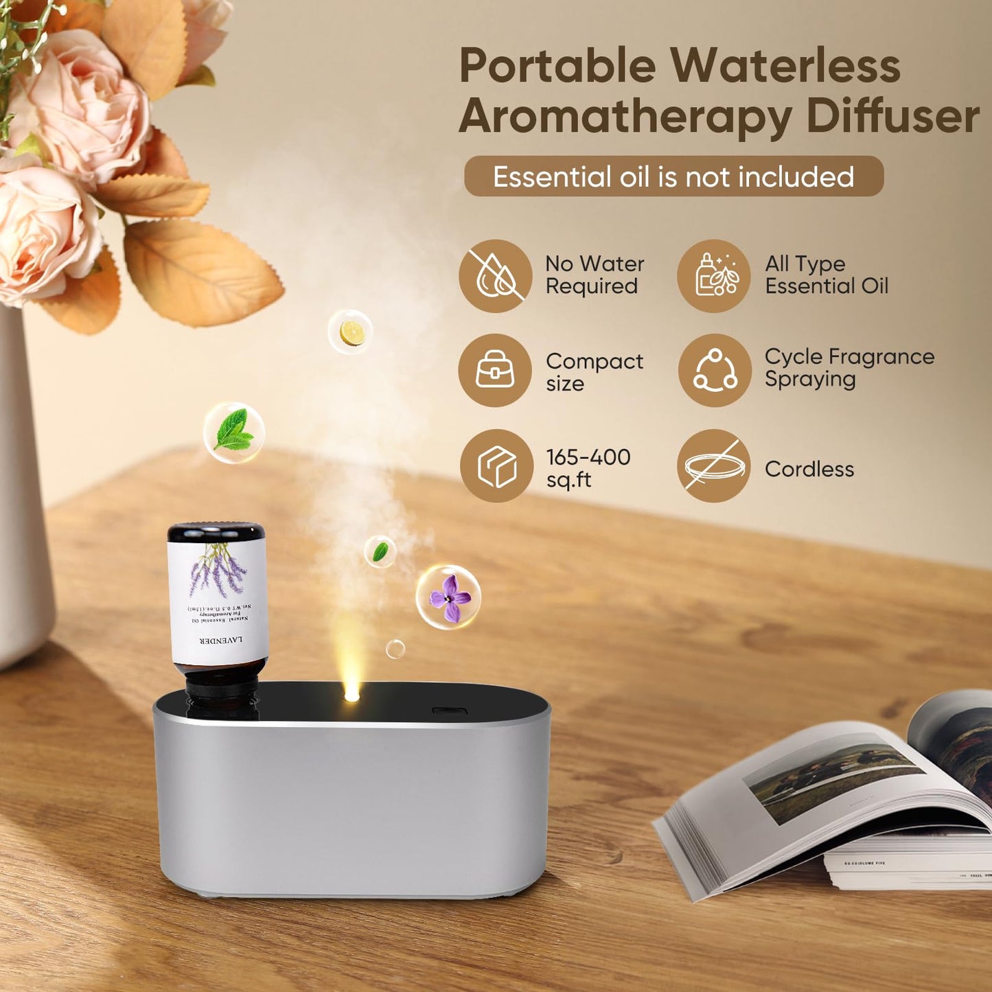 Waterless Diffuser for Home – 3 Mist Modes, Portable Essential Oil Aromatherapy (160 sq ft) – Silver