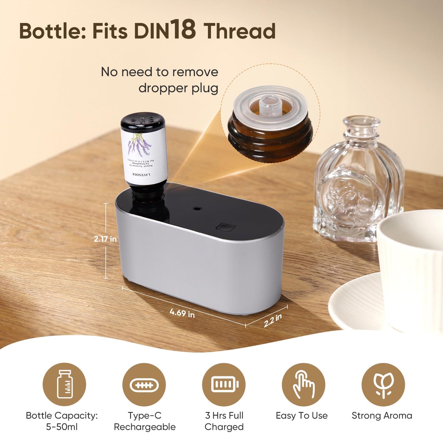 Waterless Diffuser for Home – 3 Mist Modes, Portable Essential Oil Aromatherapy (160 sq ft) – Silver